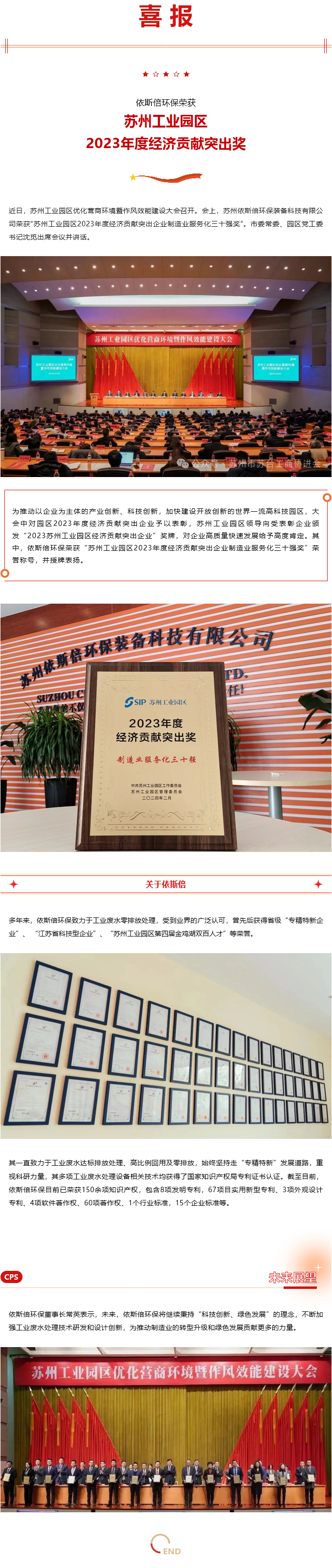 喜報 依斯倍環保榮獲蘇州工業園區2023年度經濟貢獻突出獎